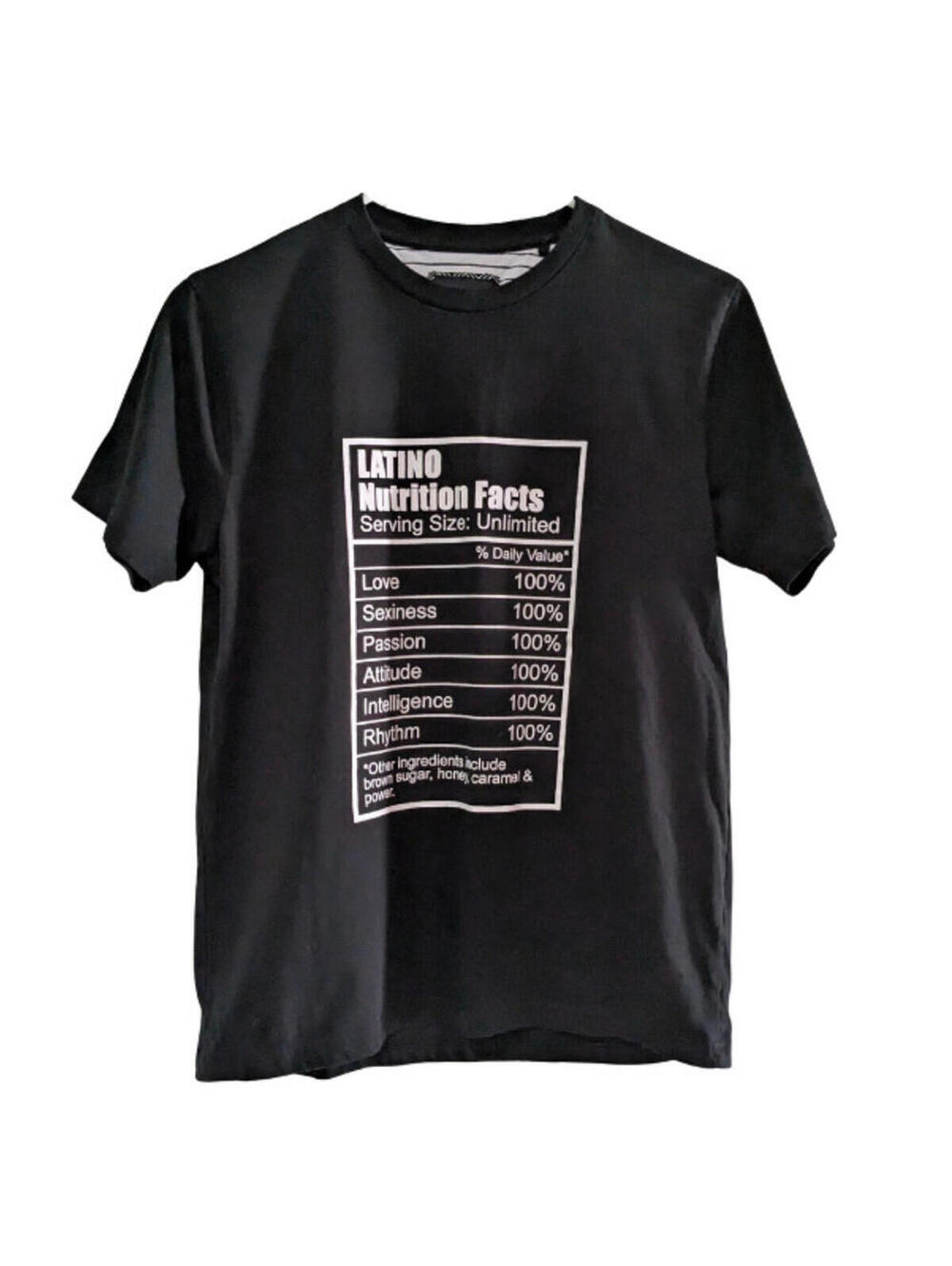 Denim & Flower Latino Nutrition Facts Graphic T-Shirt, Black White, Size Medium